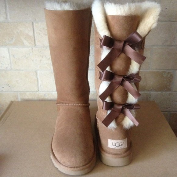 NIB UGG Women's Tall Bailey Bow Suede Shearling Lined‎ Boots CHESTNUT - Picture 3 of 8